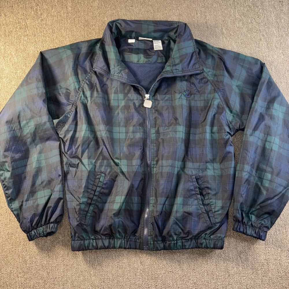 Jerzees Green Blue Tartan Plaid Full Zip Nylon Windbreaker Jacket Men S Vintage